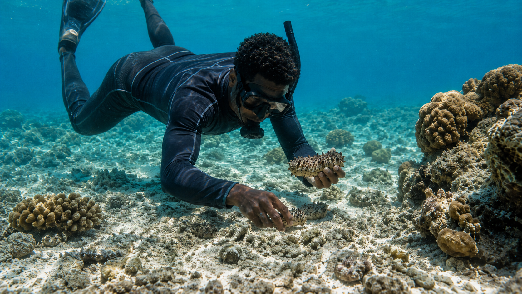 Diver collecting sea cucumber by hand on the reef