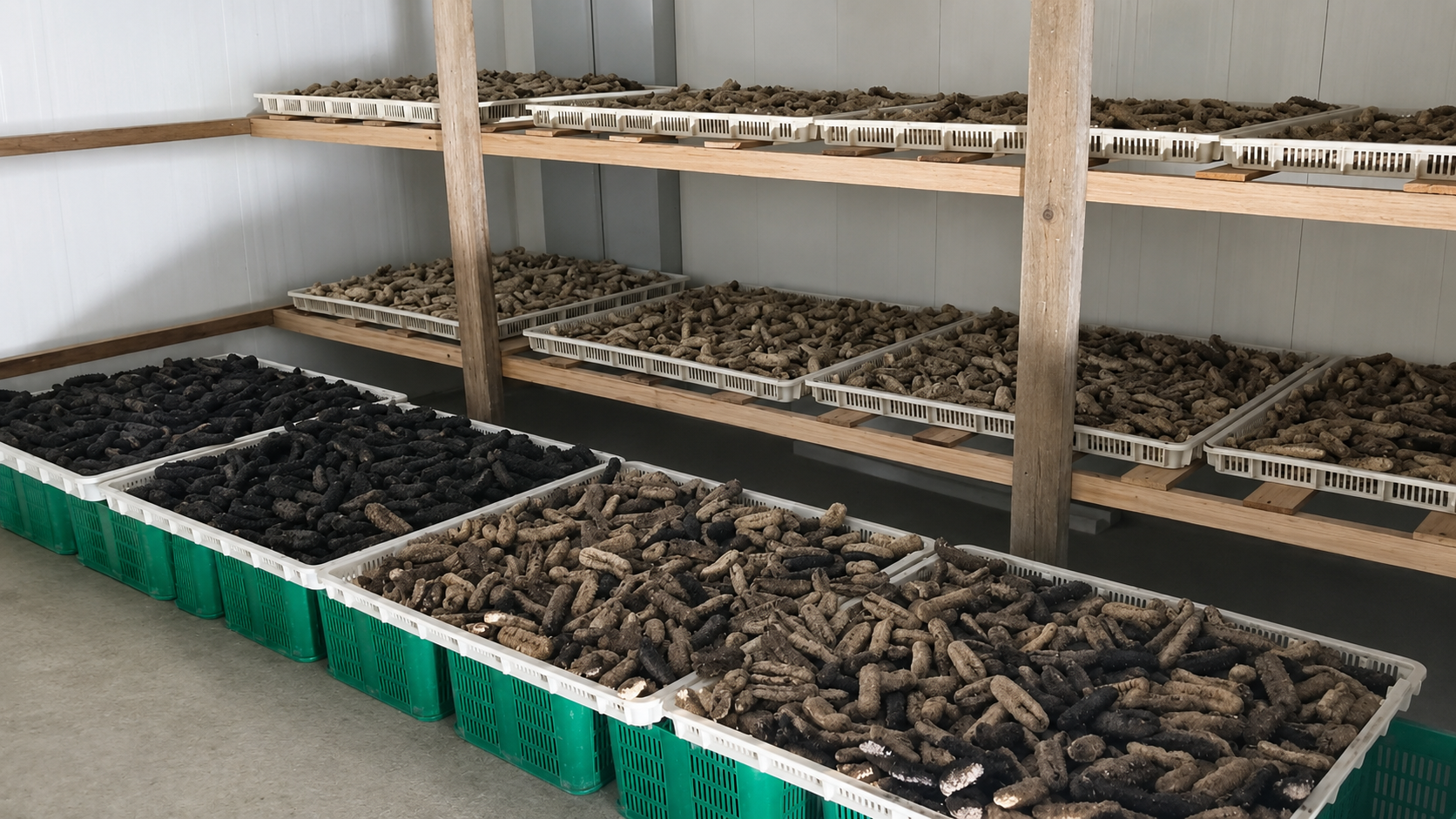 Graded sea cucumber sorted into crates in our storage facility