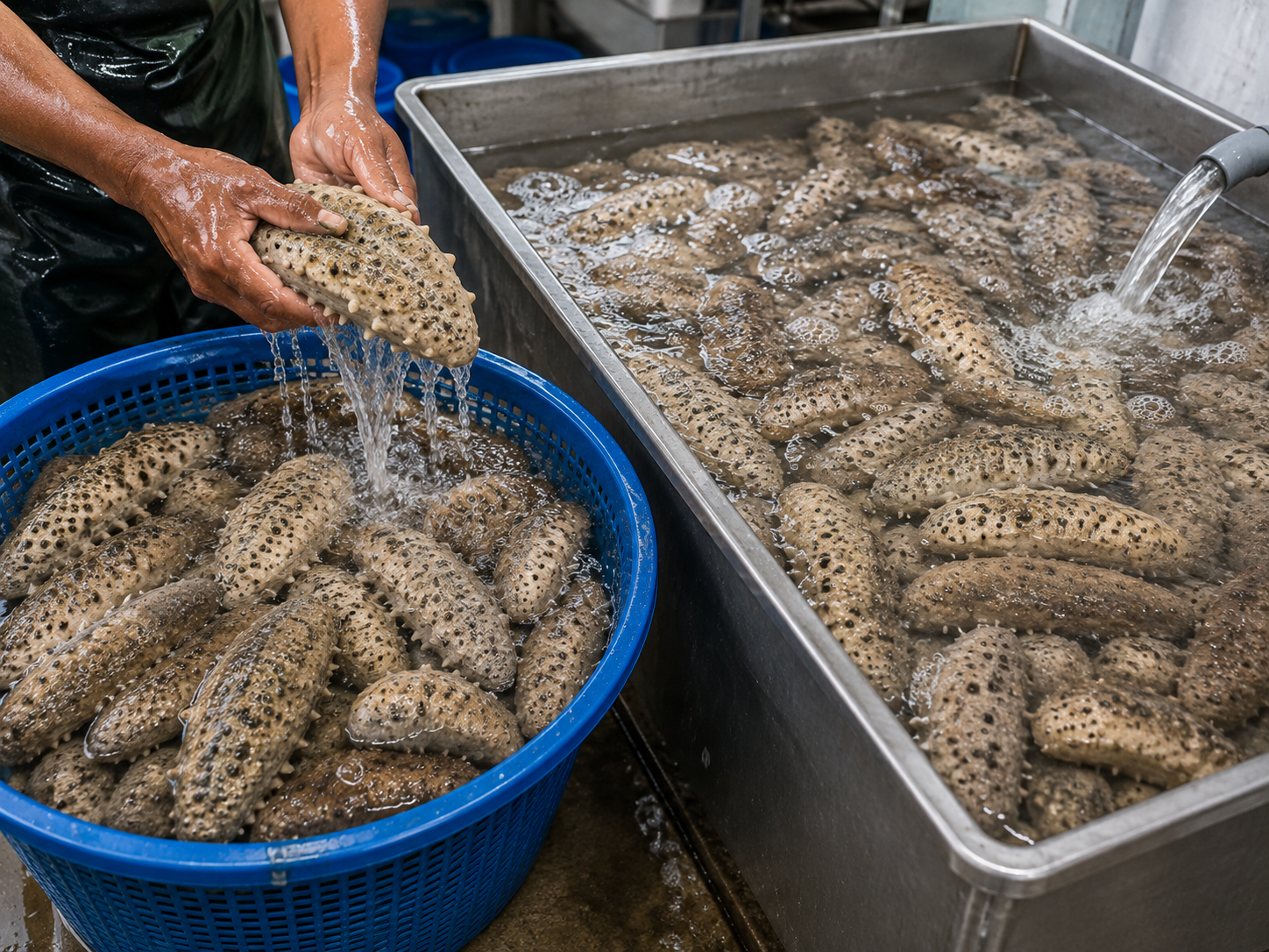 Washing sea cucumber before cooking at our processing site